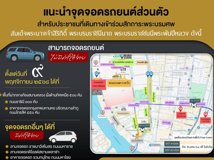 แนะนำจุดจอดรถยนต์ส่วนตัว สำหรับประชาชน ที่เดินทางเข้าร่วมสักการะพระบรมศพสมเด็จพระนางเจ้าสิริกิติ์ พระบรมราชินีนาถ พระบรมราชชนนีพระพันปีหลวง